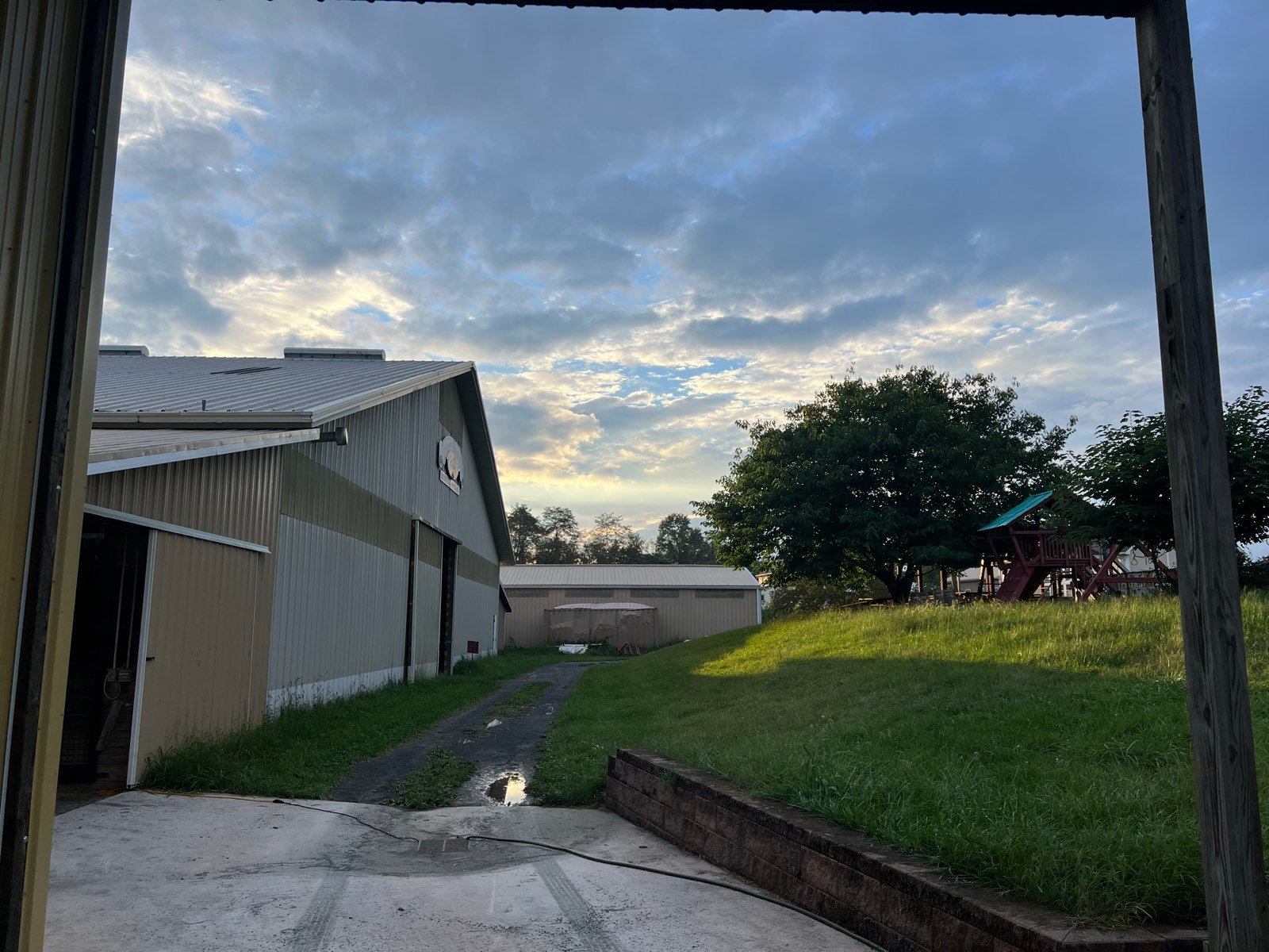 Looking out a barn door at TRRC: a long metal barn, a gravel lane and a grassy bank under an evening sky